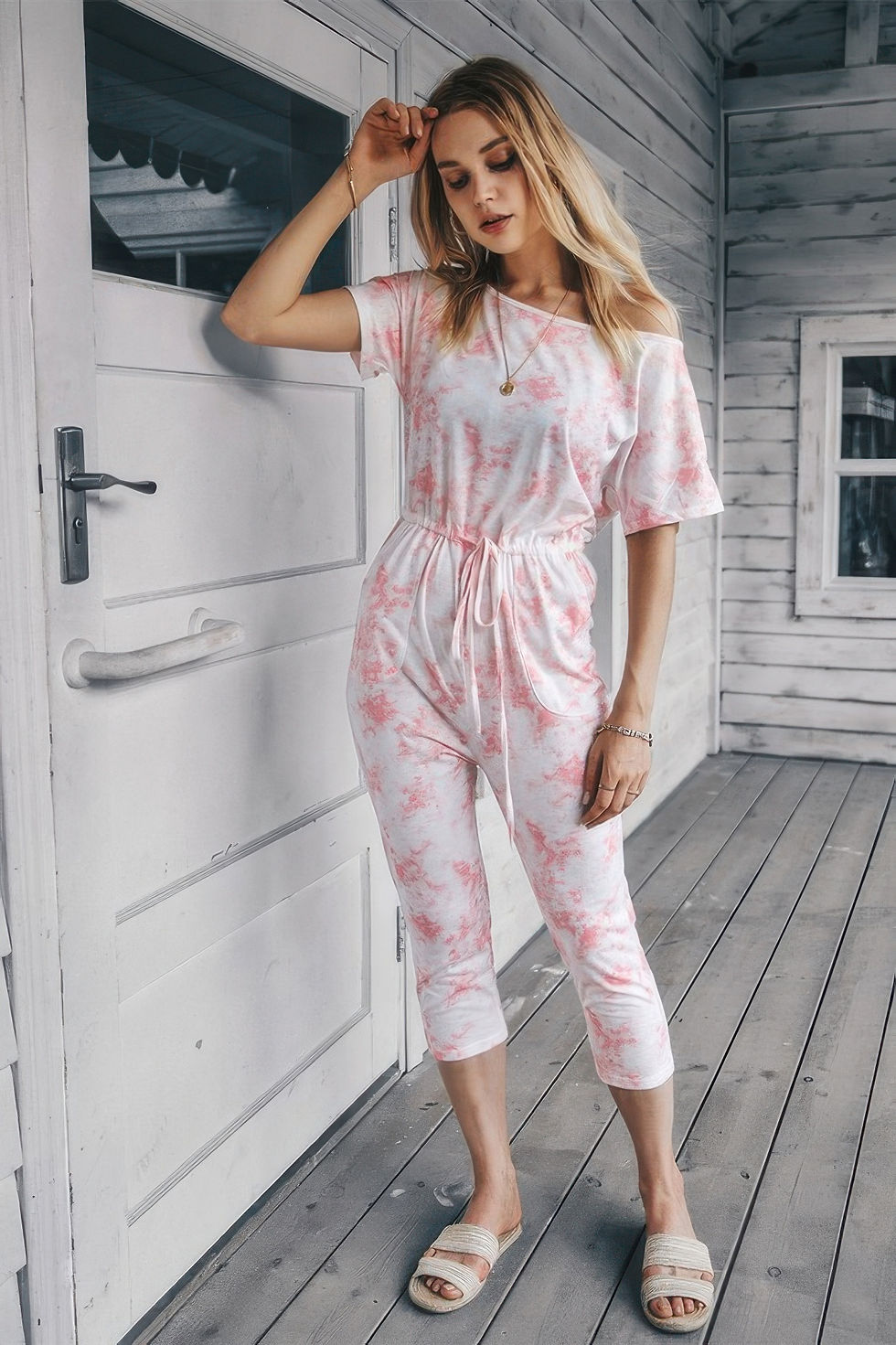 Thumbnail: Tie Dye One Shoulder Drawstring Fit Jumpsuit