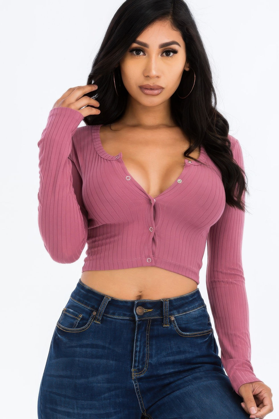 Thumbnail: Ribbed Long Sleeve Snap Button Down Crop Top