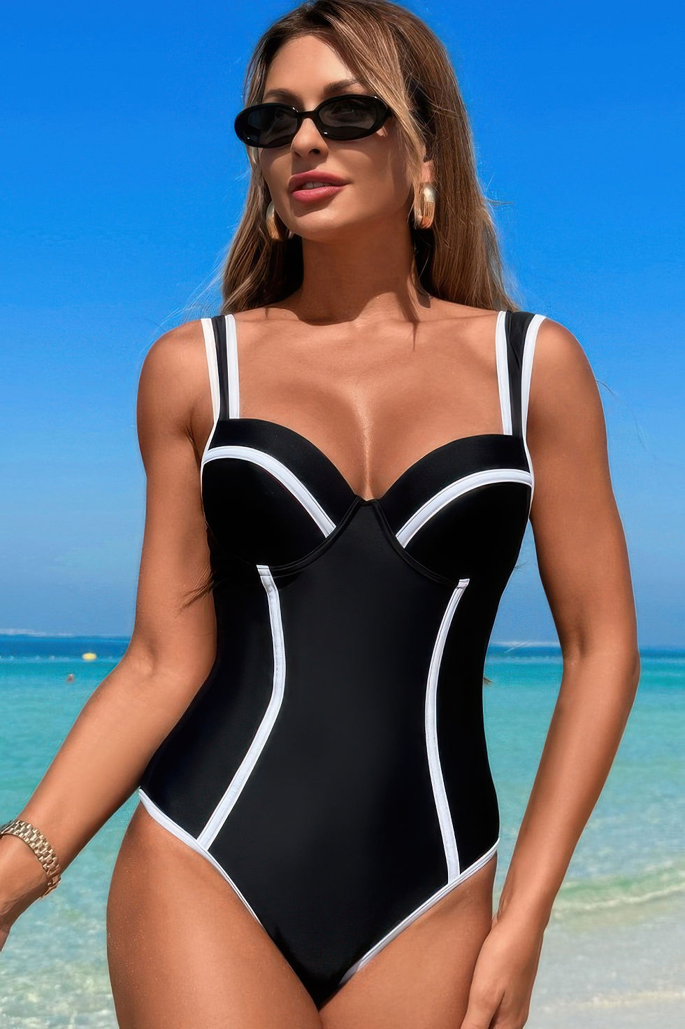 Thumbnail: Stripe Sweetheart Neckline One Piece Swimsuit