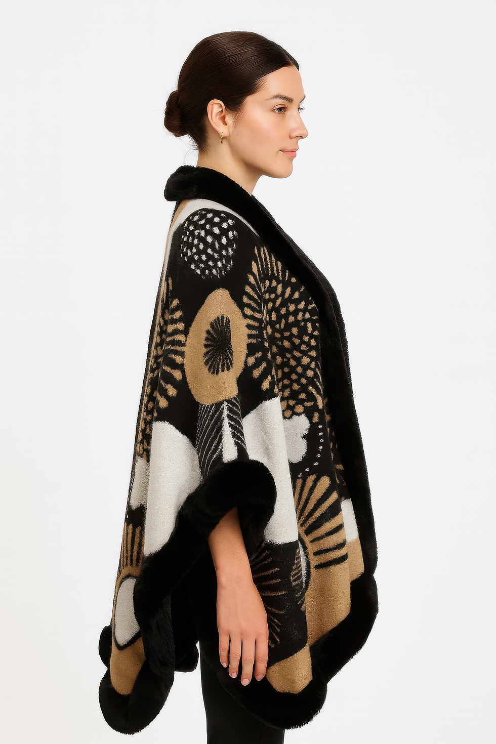 Thumbnail: Abstract Print Faux Fur Trim Cape In Black & Camel