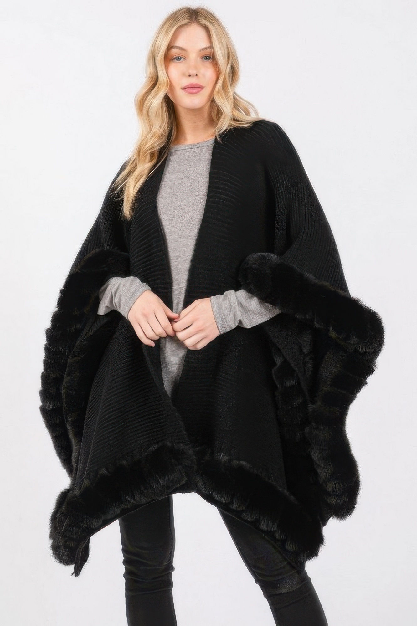 Faux Fur Trim Cape With Closure