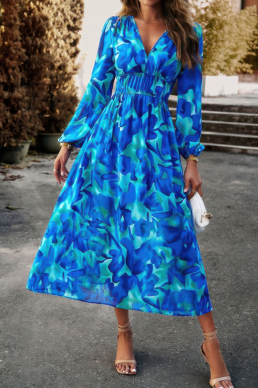 Thumbnail: Boho V Neck A Line High Waist Long Sleeve Dress