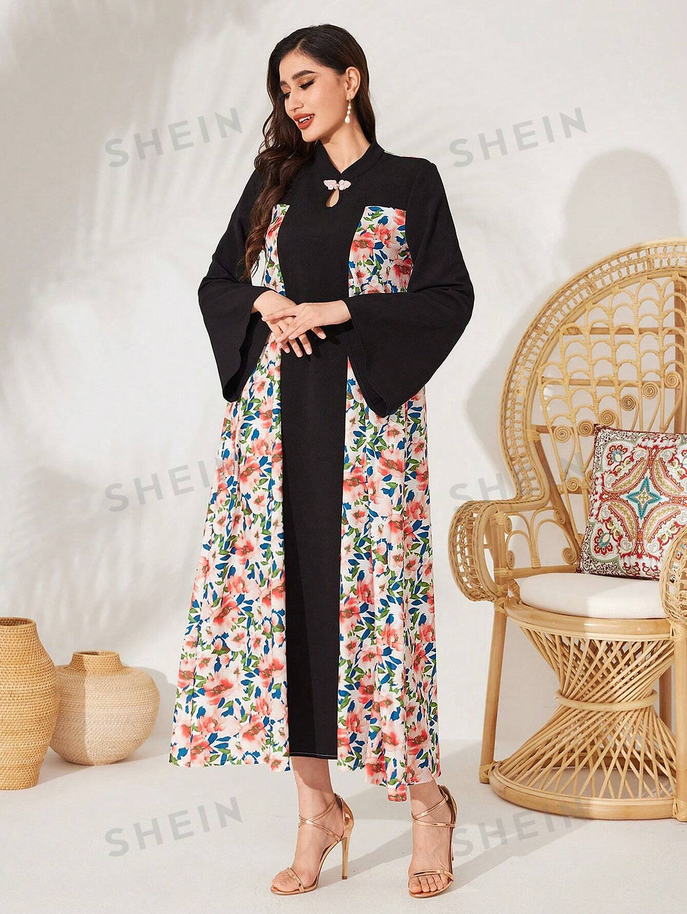 Thumbnail: SHEIN Mulvari Women's Solid Color Lantern Sleeve Shirt Style Arab Long Dress Wi