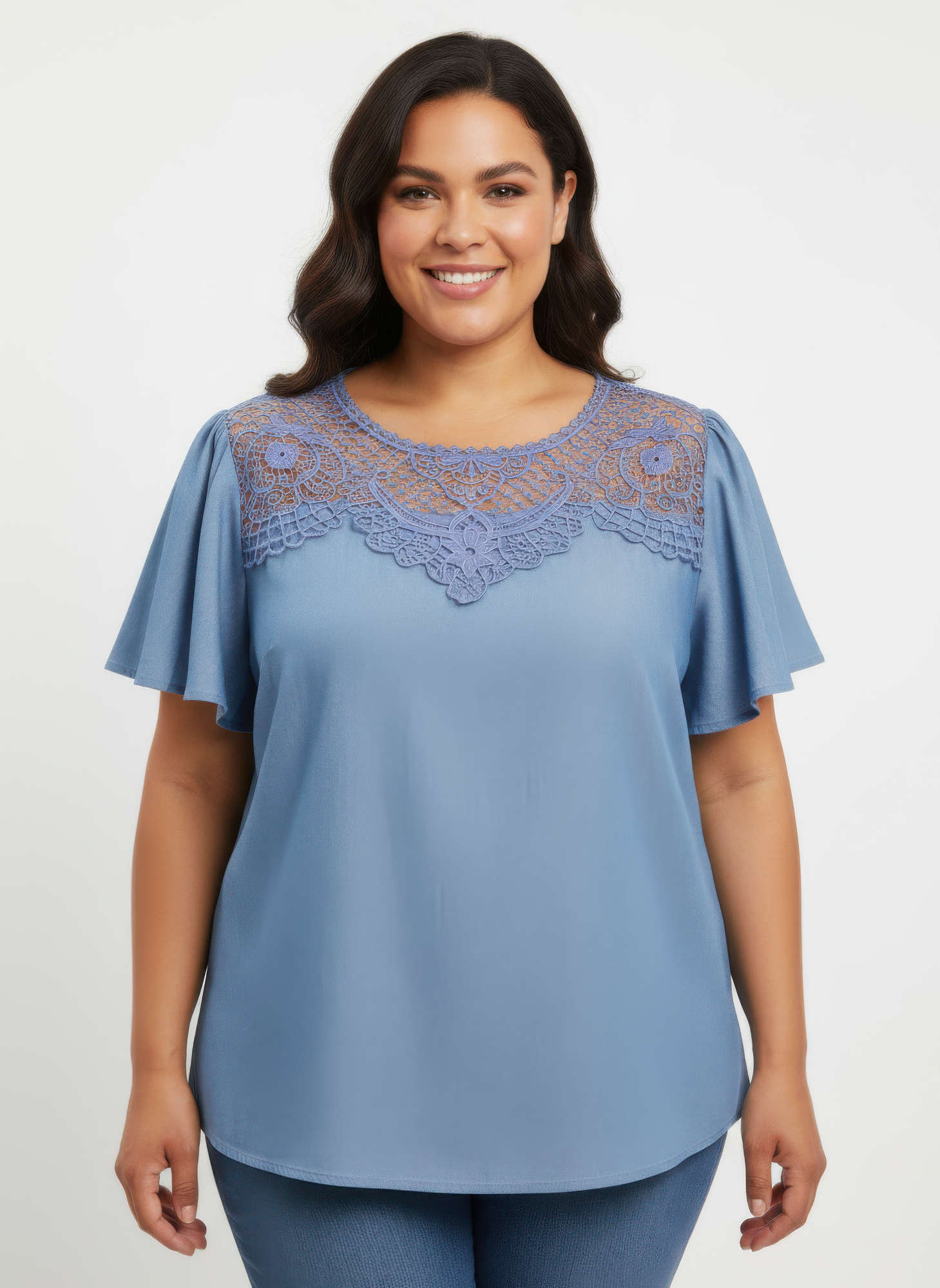 Lace Yoke Flutter Sleeve Knit Top