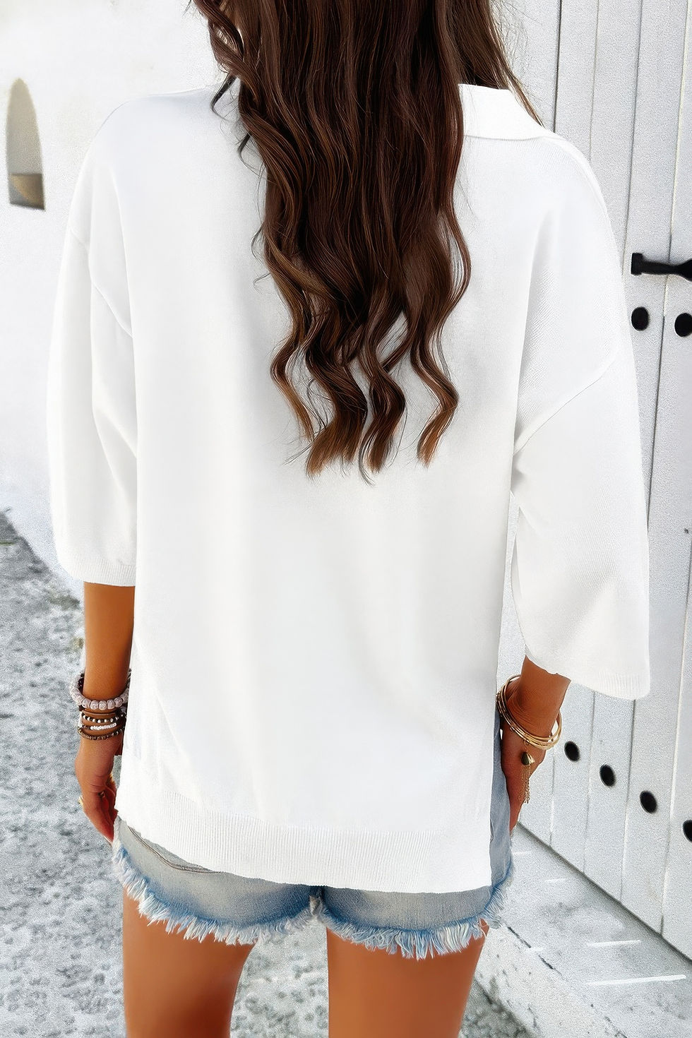 Thumbnail: Solid Notched Collar V Neck Knit Short Sleeve Swea