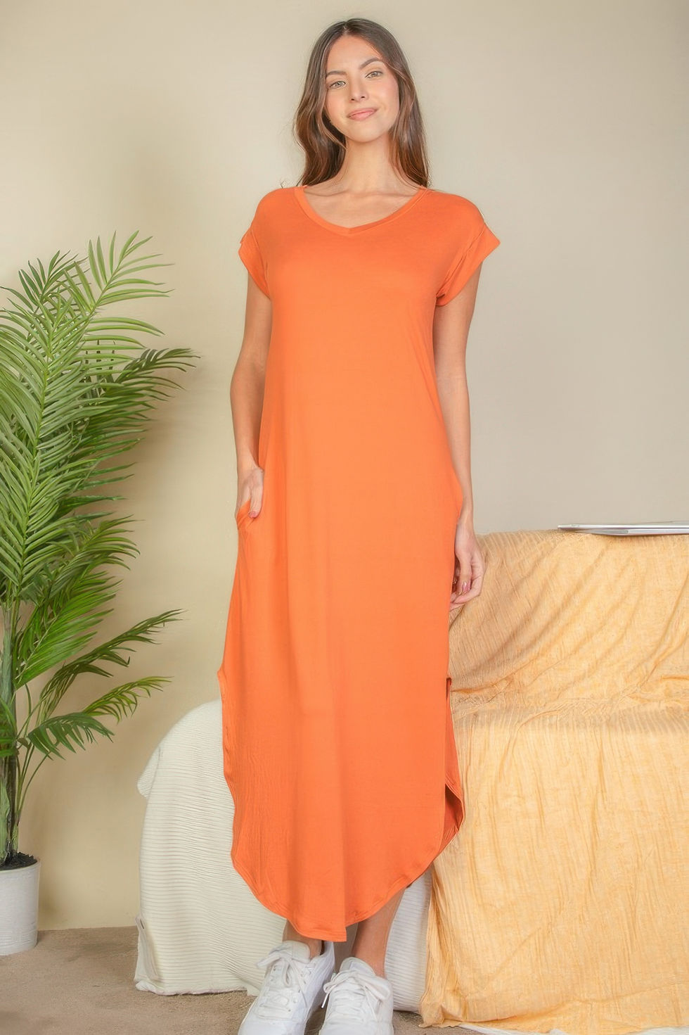 Thumbnail: Hidden Pocket Batwing Sleeve V Neck Long Dress