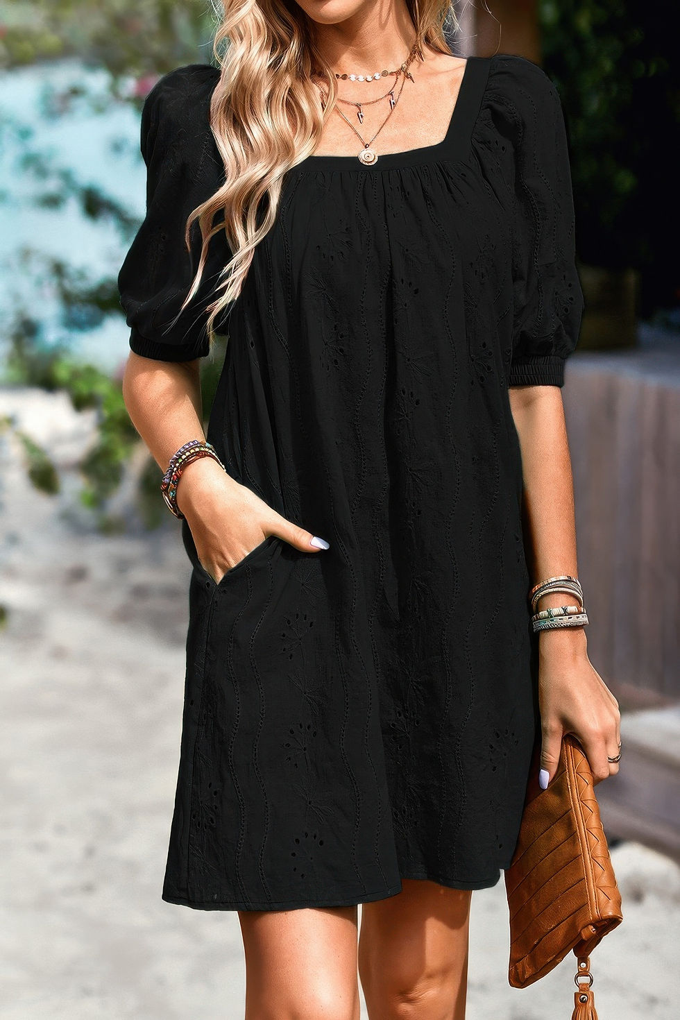 Thumbnail: Square Neck Short Bubble Sleeve Babydoll Dress