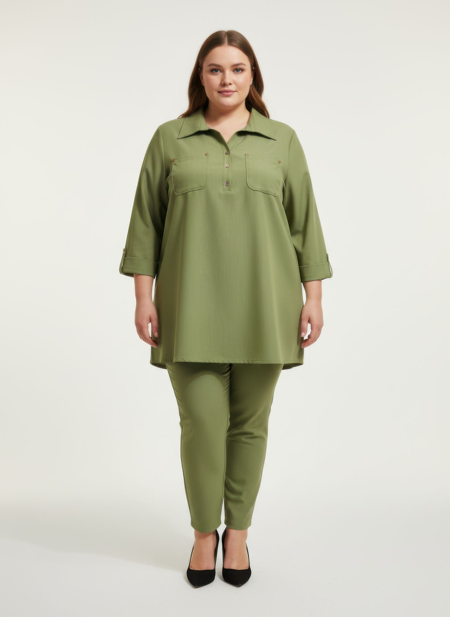 Blush Utility Button Front Roll Sleeve Blouse