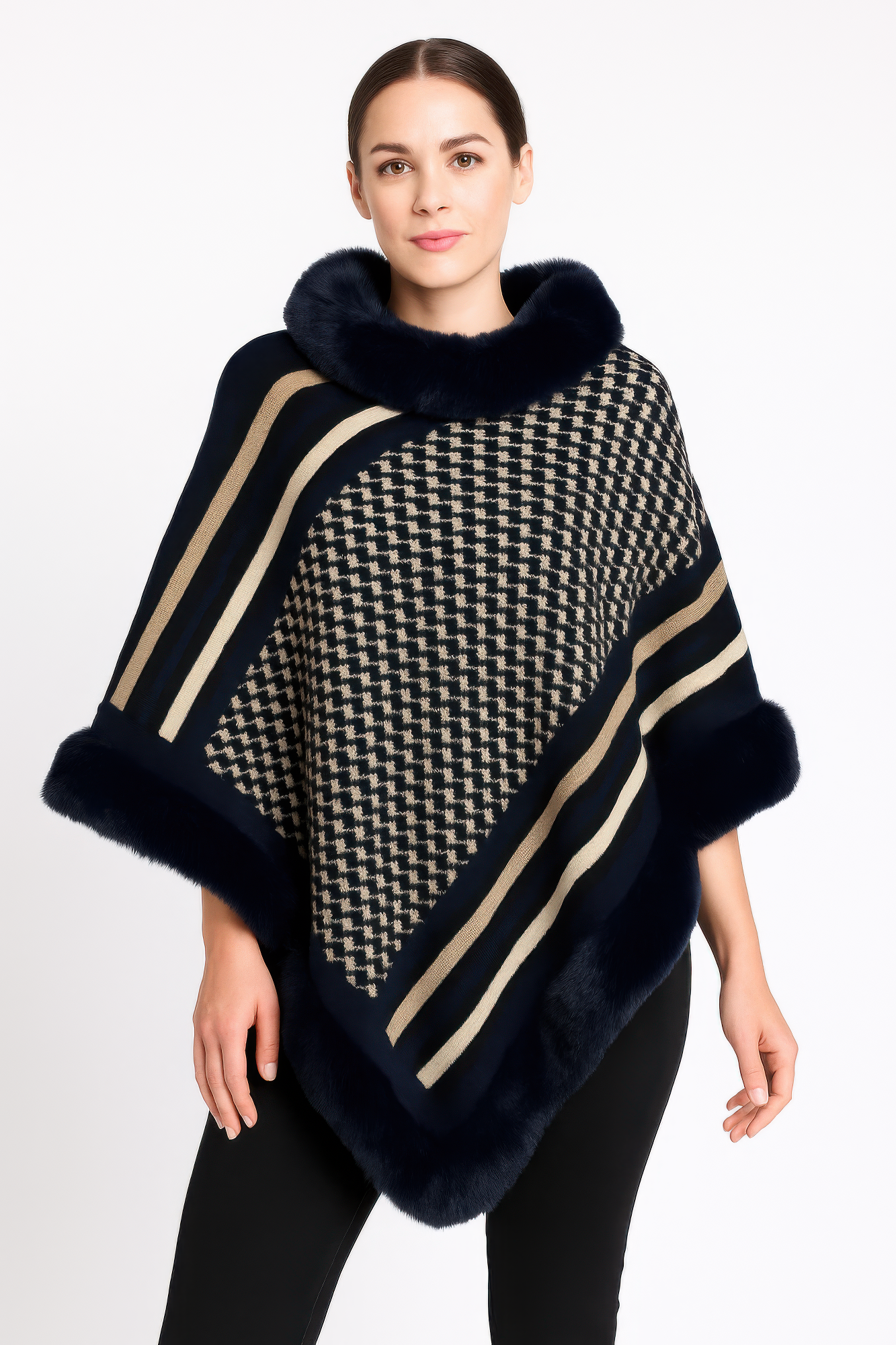 Patterned Knit Poncho With Faux Fur Trim