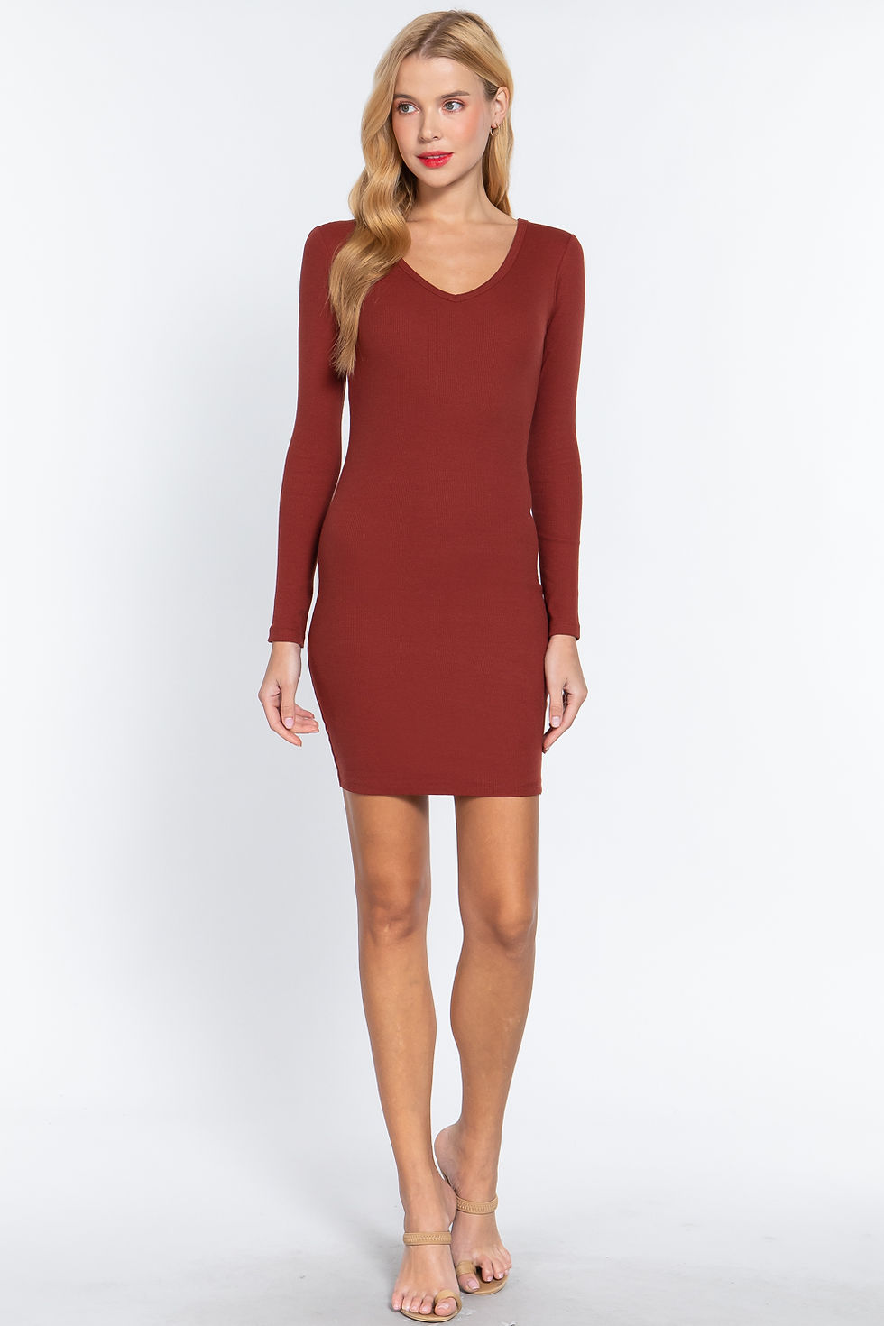 Thumbnail: Long Slv V-neck Mini Rib Dress