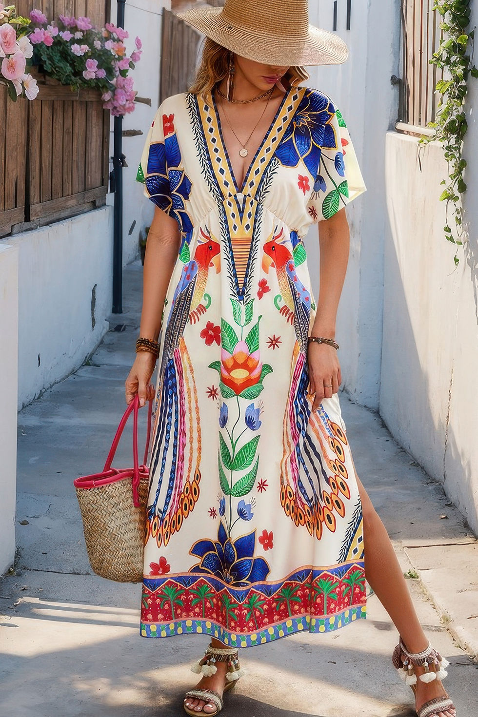 Thumbnail: Floral Deep V Neck Batwing Sleeve Fit Dress