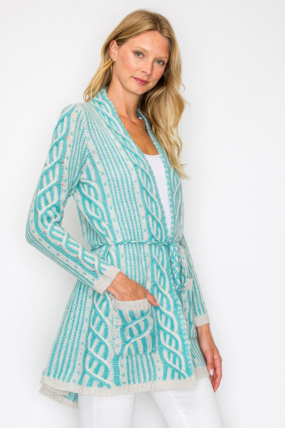 Thumbnail: Open Wool Cardigan With Belt String & Front Pocket