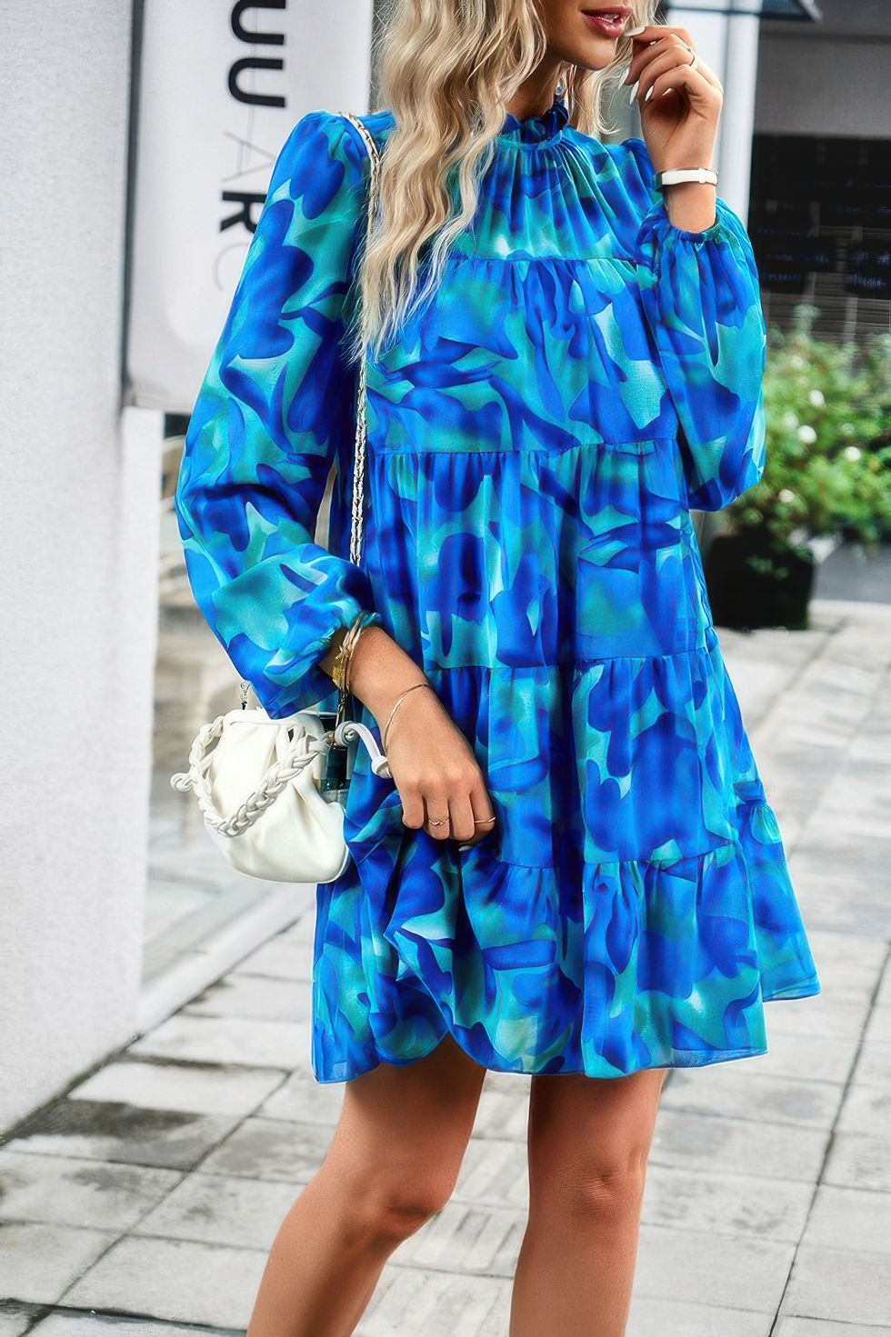 Thumbnail: Color Block Hem Ruffle Printing Loose Fit Midi Dress