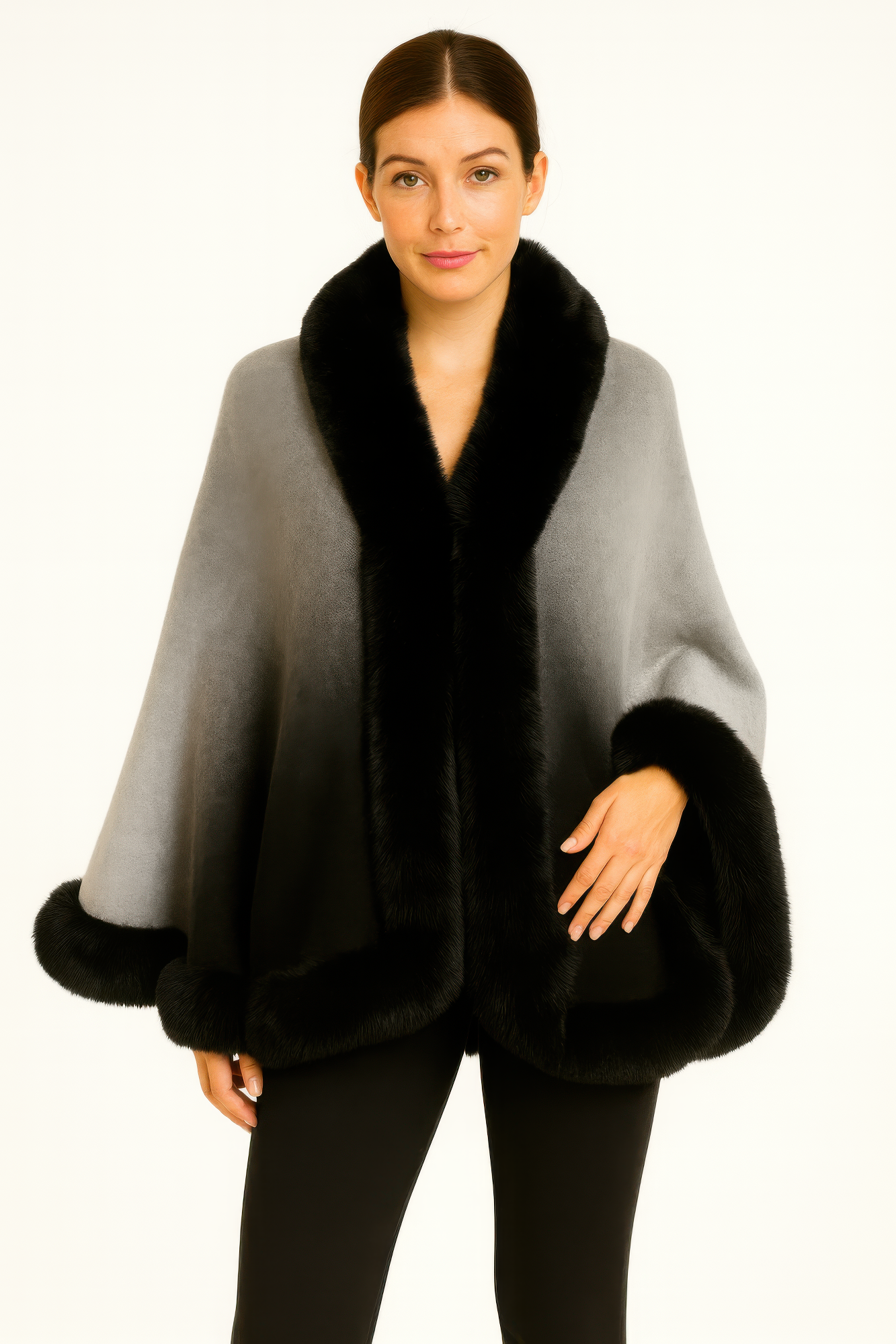 Ombre Faux Fur Trim Cape Wrap