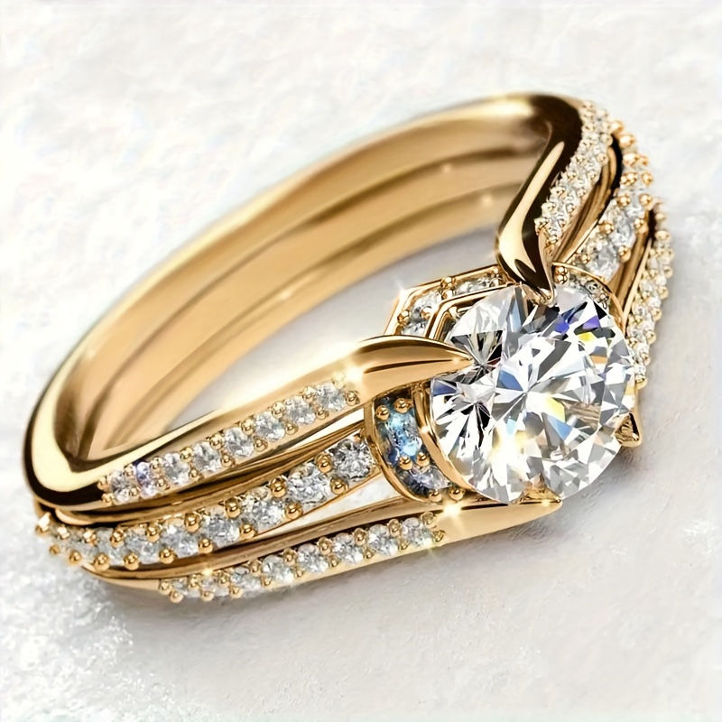 Thumbnail: 18K Gold-Plated Elegant Engagement Ring with Sparkling Zirconia - Perfect for W