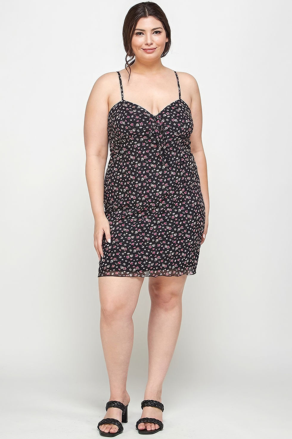 Thumbnail: Plus Size Ditsy Floral Print On Mesh Fabric Cami Dress