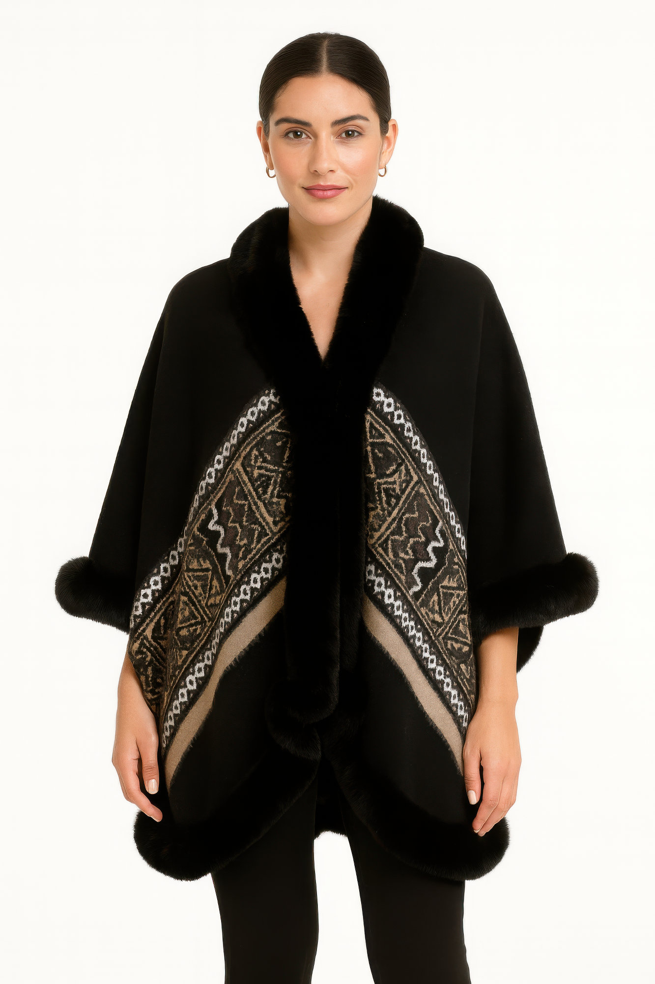 Black Geometric Border Faux Fur Trim Cape