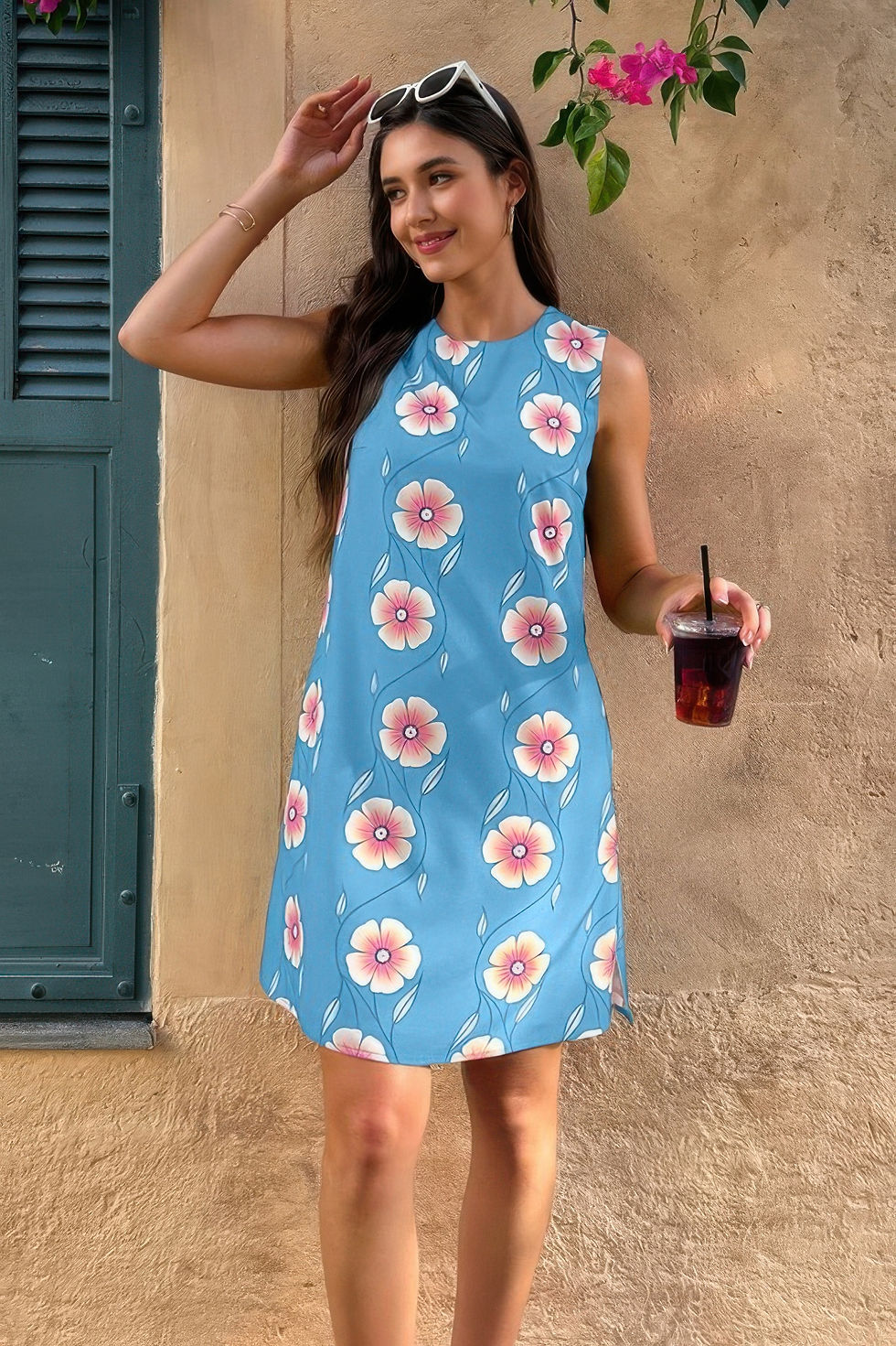 Thumbnail: Round Neck Floral Print Sleeveless Loose Dress