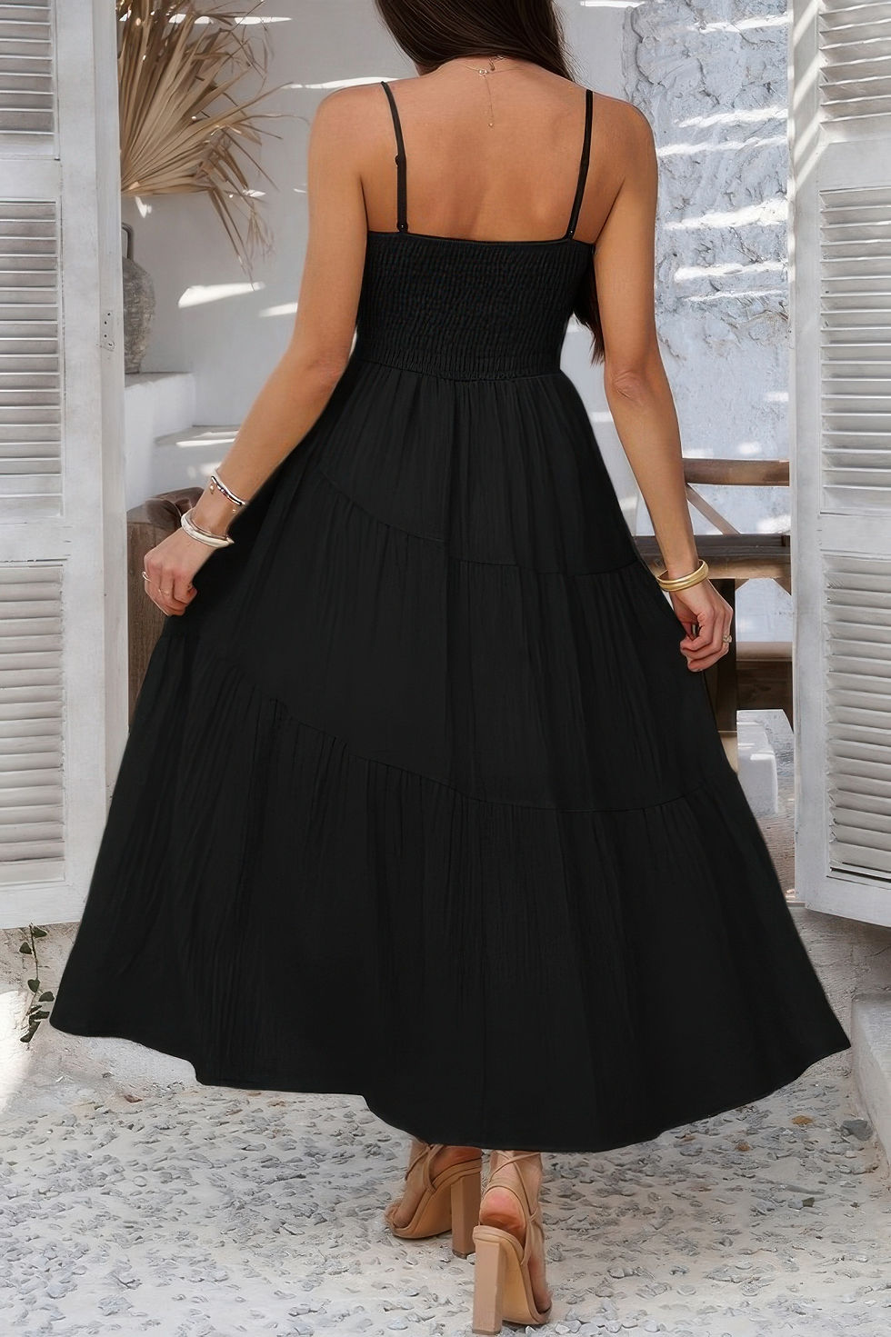Thumbnail: Solid Sleeveless Smocked Tiered Maxi Cami Dress