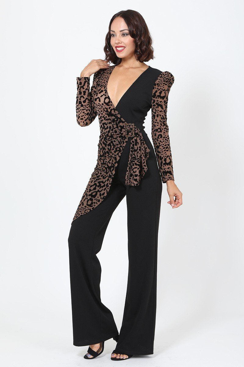 Thumbnail: Plunging V Buckle Detail Leopard Jumpsuit