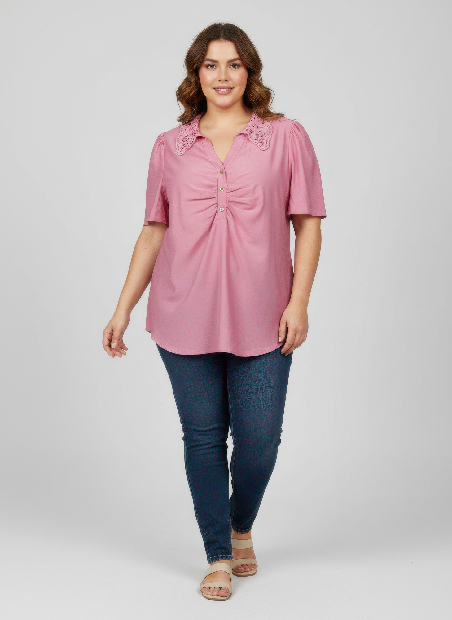 Lace Collar Button Detail Flutter Sleeve Top