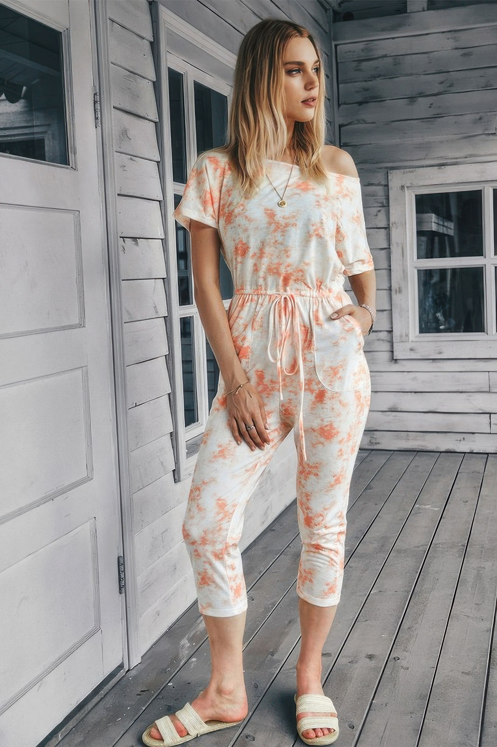 Thumbnail: Tie Dye One Shoulder Drawstring Fit Jumpsuit