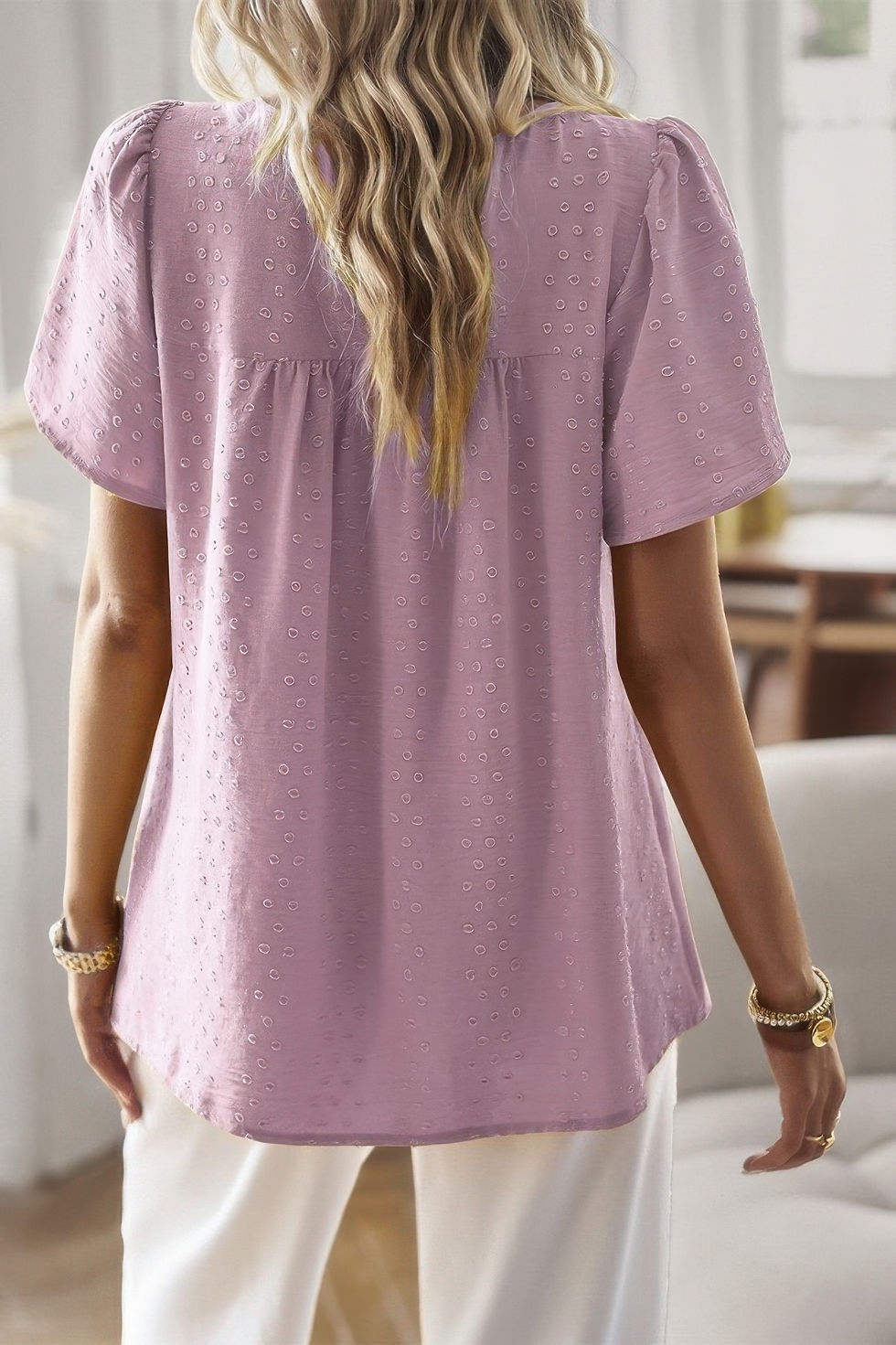 Thumbnail: Loose Fit Dot Solid Lace Round Neck Top