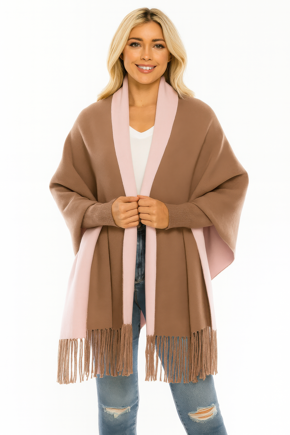 Thumbnail: Colorblock Fringe-trimmed Open Wrap