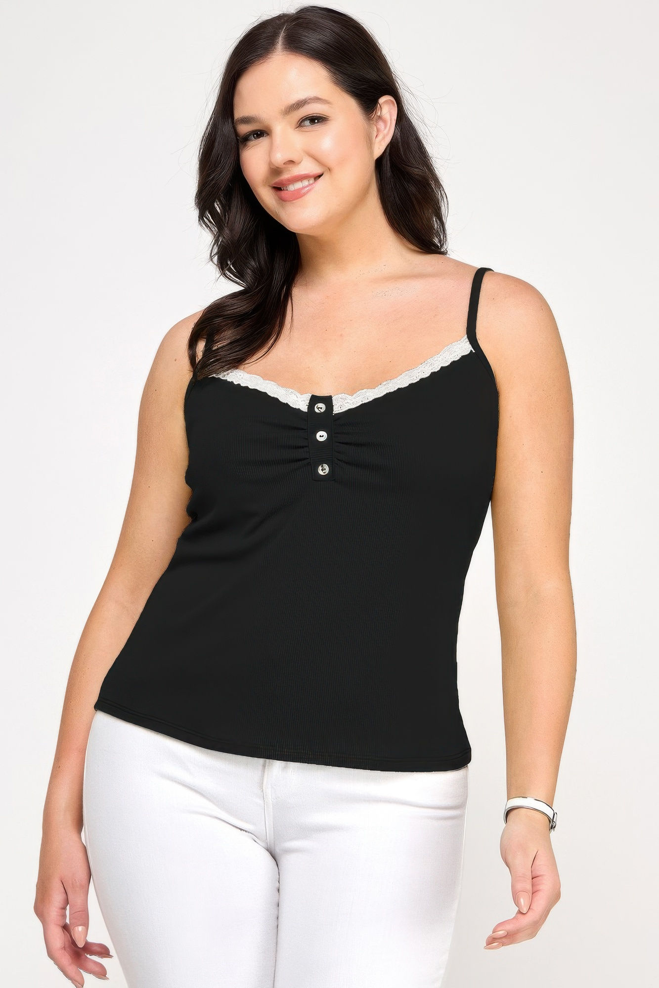 Plus Size Ribbed Knit Camisole With Lace Trim