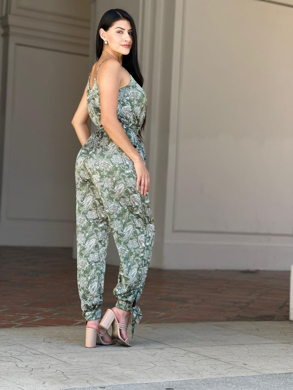 Thumbnail: V Neck Sleeveless Paisley Jumpsuit With Tie Waist