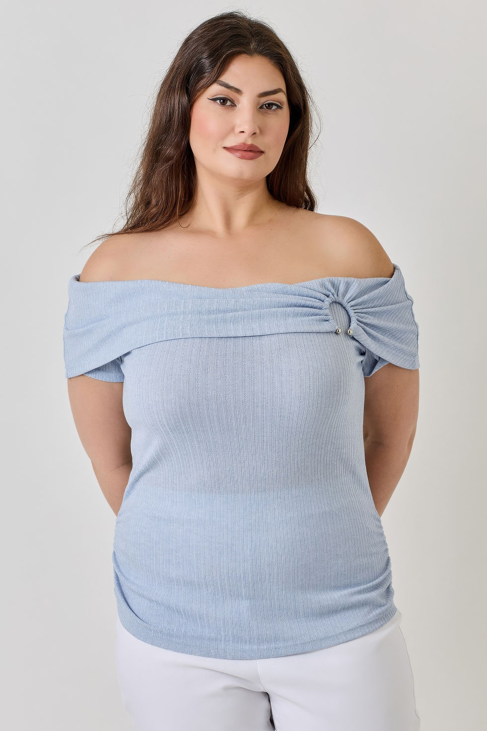 Thumbnail: Plus Size Ots Pointelle Knit Rib Fold Over Top    