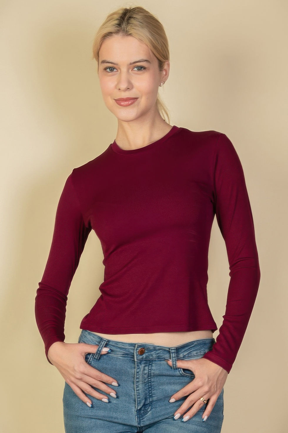 Thumbnail: Ribbed Round Neck Long Sleeve Top