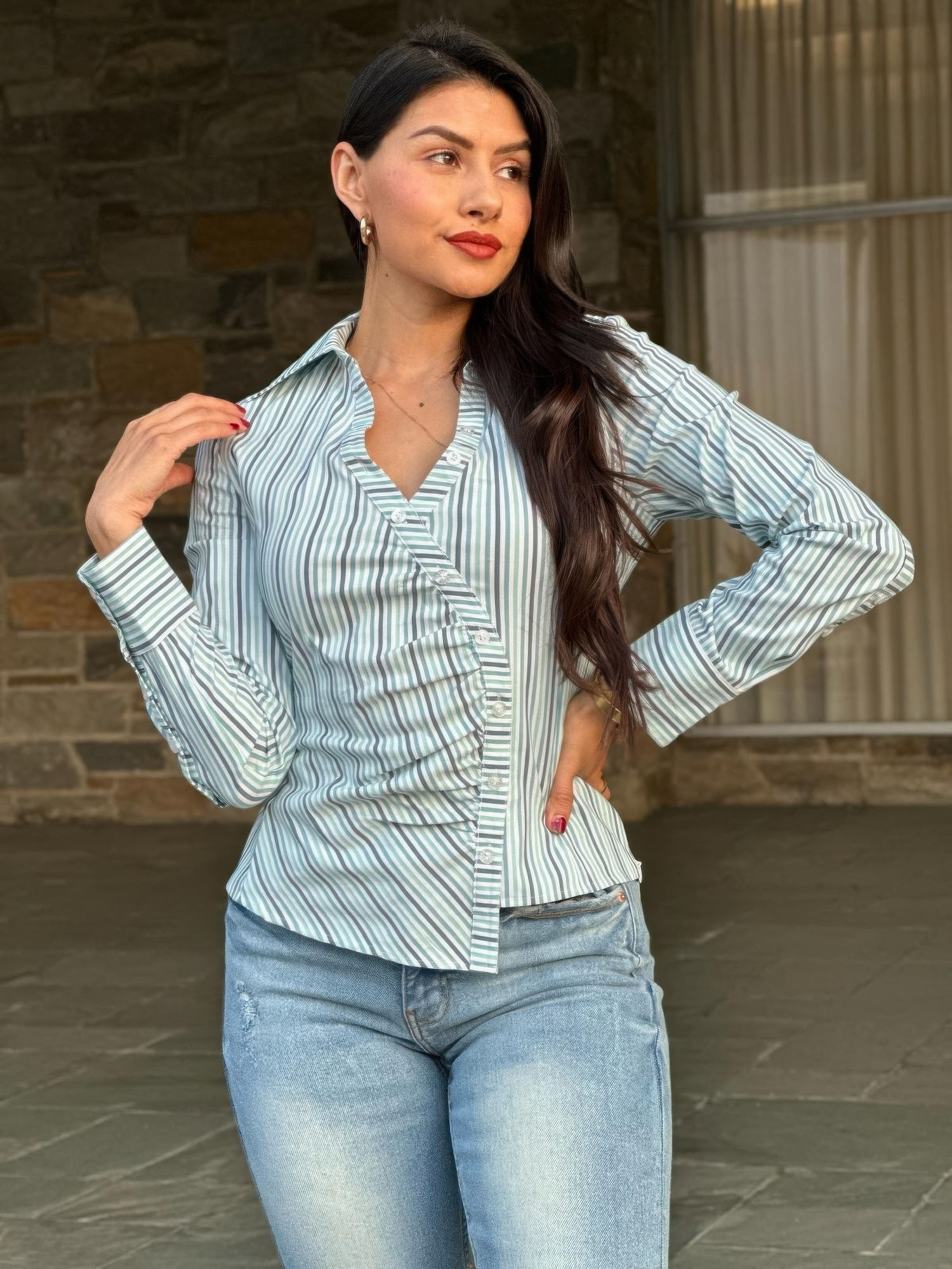 Stripe Asymmetric Button-down Detail Ls Blouse