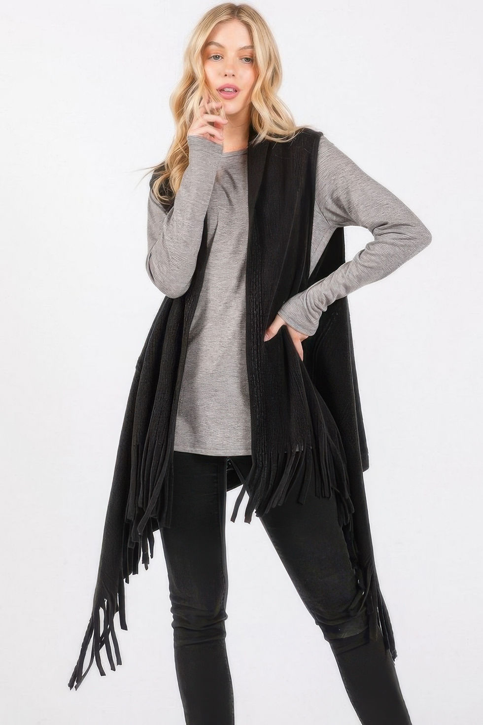 Thumbnail: Embossed Dotted Line Tassel Knit Vest