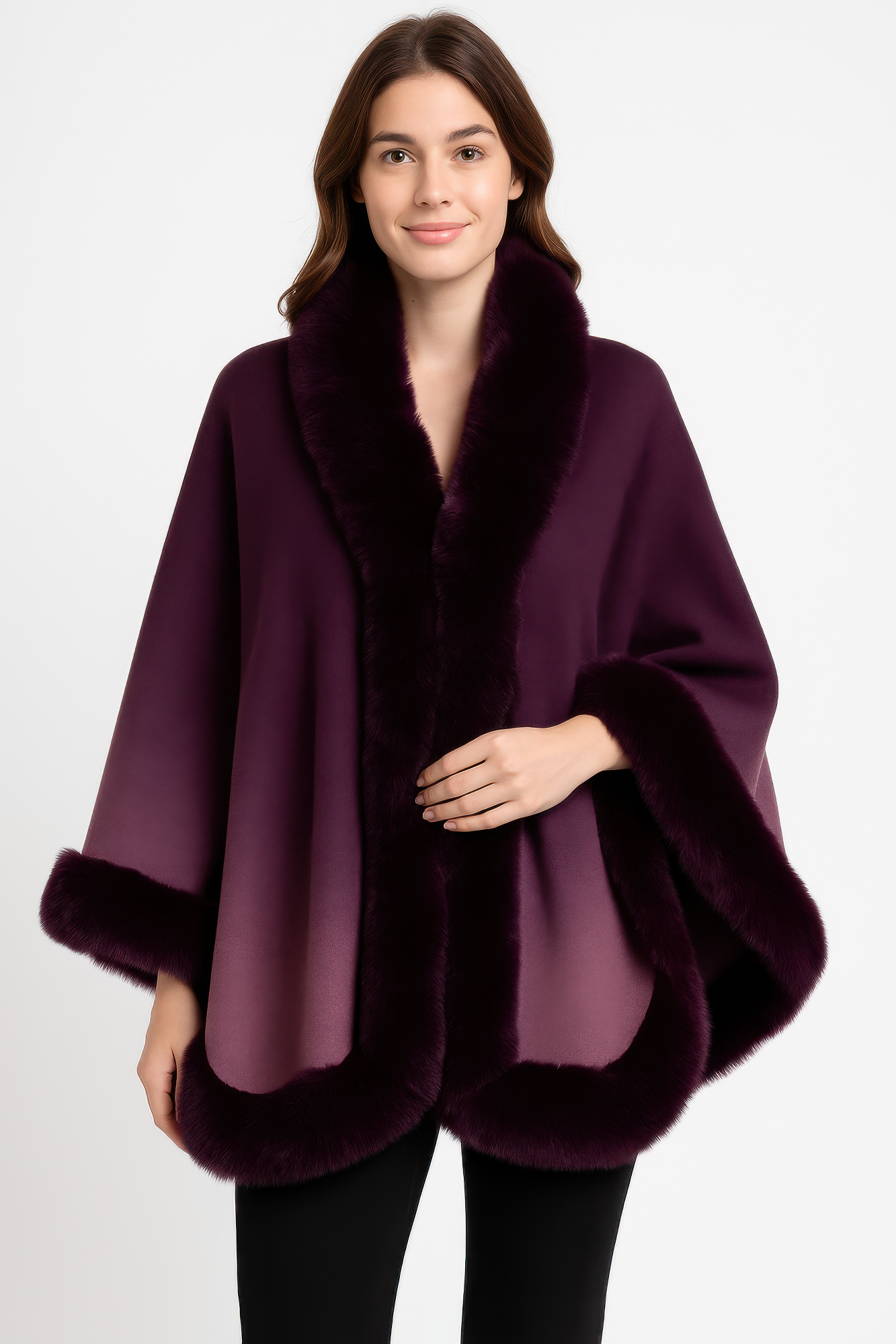 Ombre Faux Fur Trim Cape Wrap