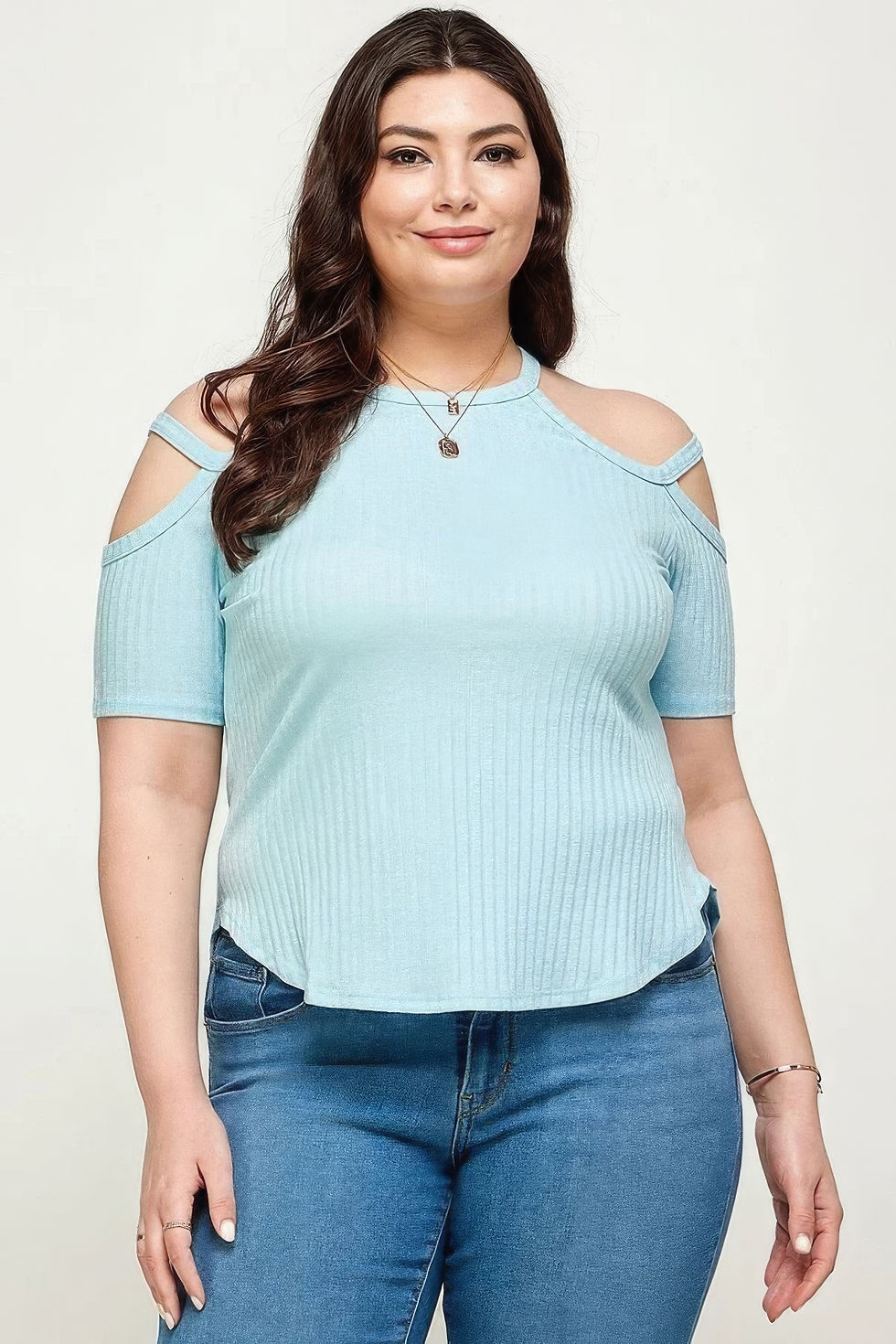 Thumbnail: Plus Size, Solid Ribbed Cold Shoulder Top