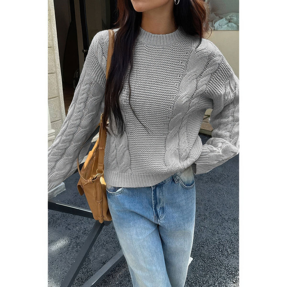 Thumbnail: Solid Round Neck Cable Knit Pullover Sweater