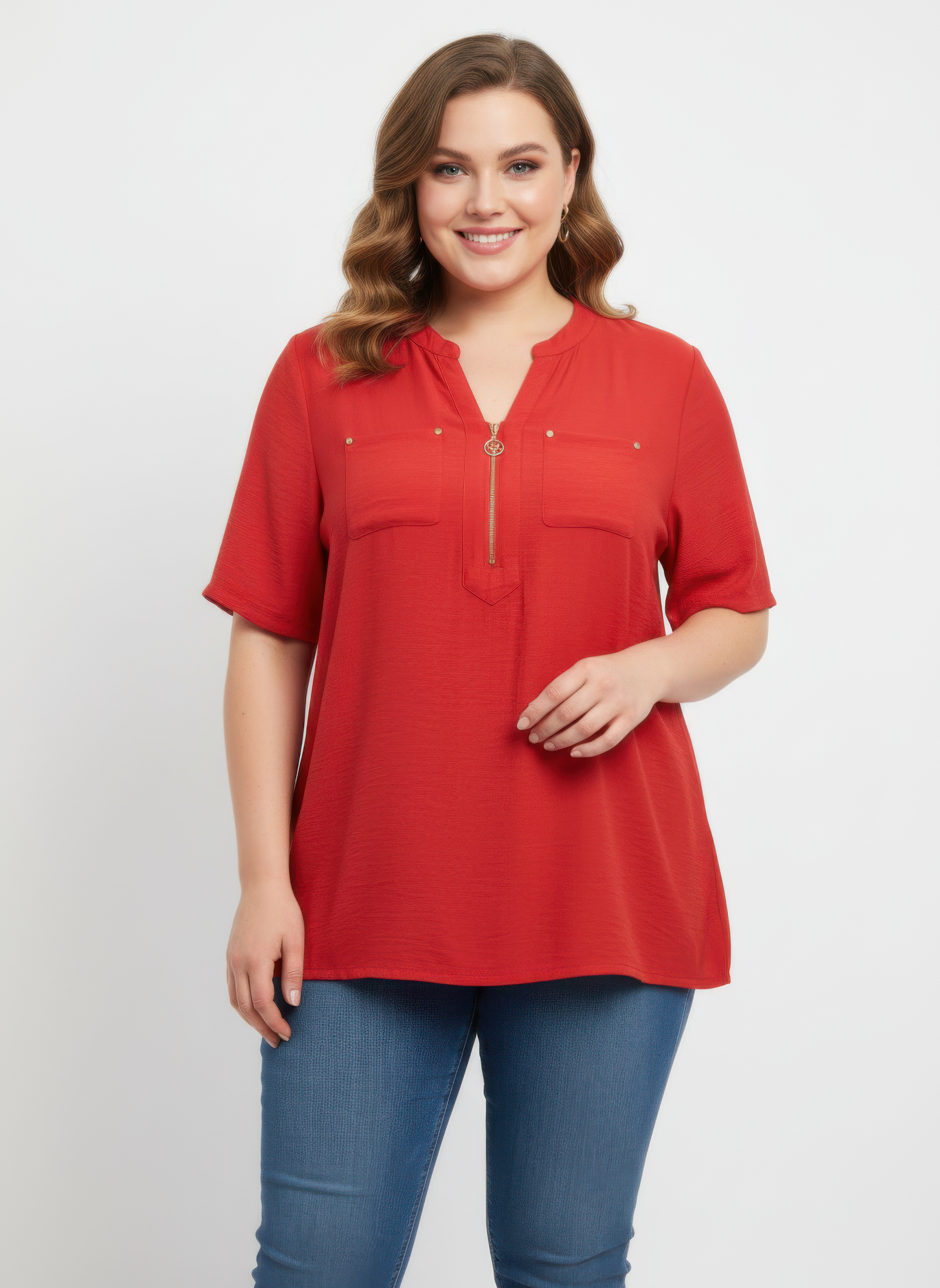 Zip-front Utility Pocket Knit Top