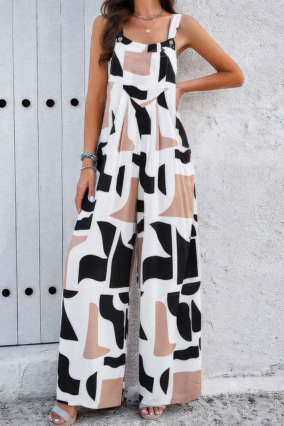 Thumbnail: Geo Print Smocked Sleeveless Pockets Jumpsuit