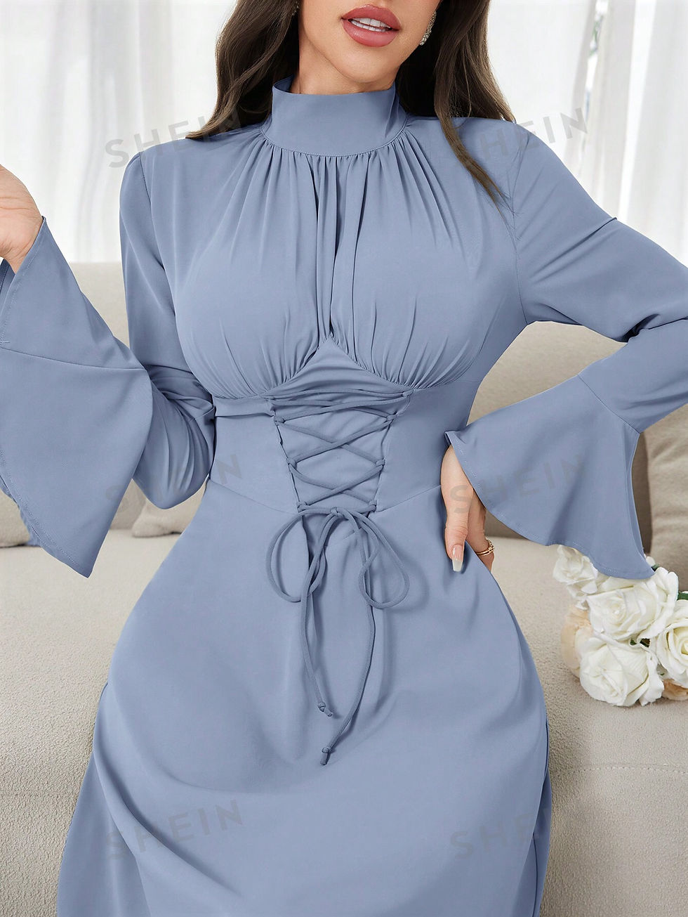 Thumbnail: SHEIN Modely Women's Elegant Solid Color Stand Collar Dress With Flared Sleeves