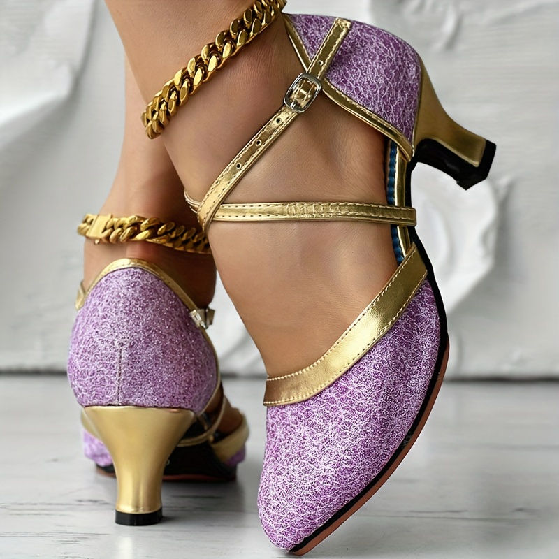 Thumbnail: Sparkling Womens Latin Dance Shoes - Mid Heel DOrsay Pumps with Crisscross Buck