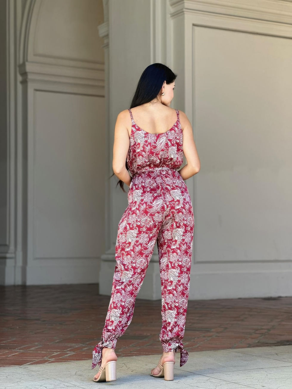 Thumbnail: V Neck Sleeveless Paisley Jumpsuit With Tie Waist