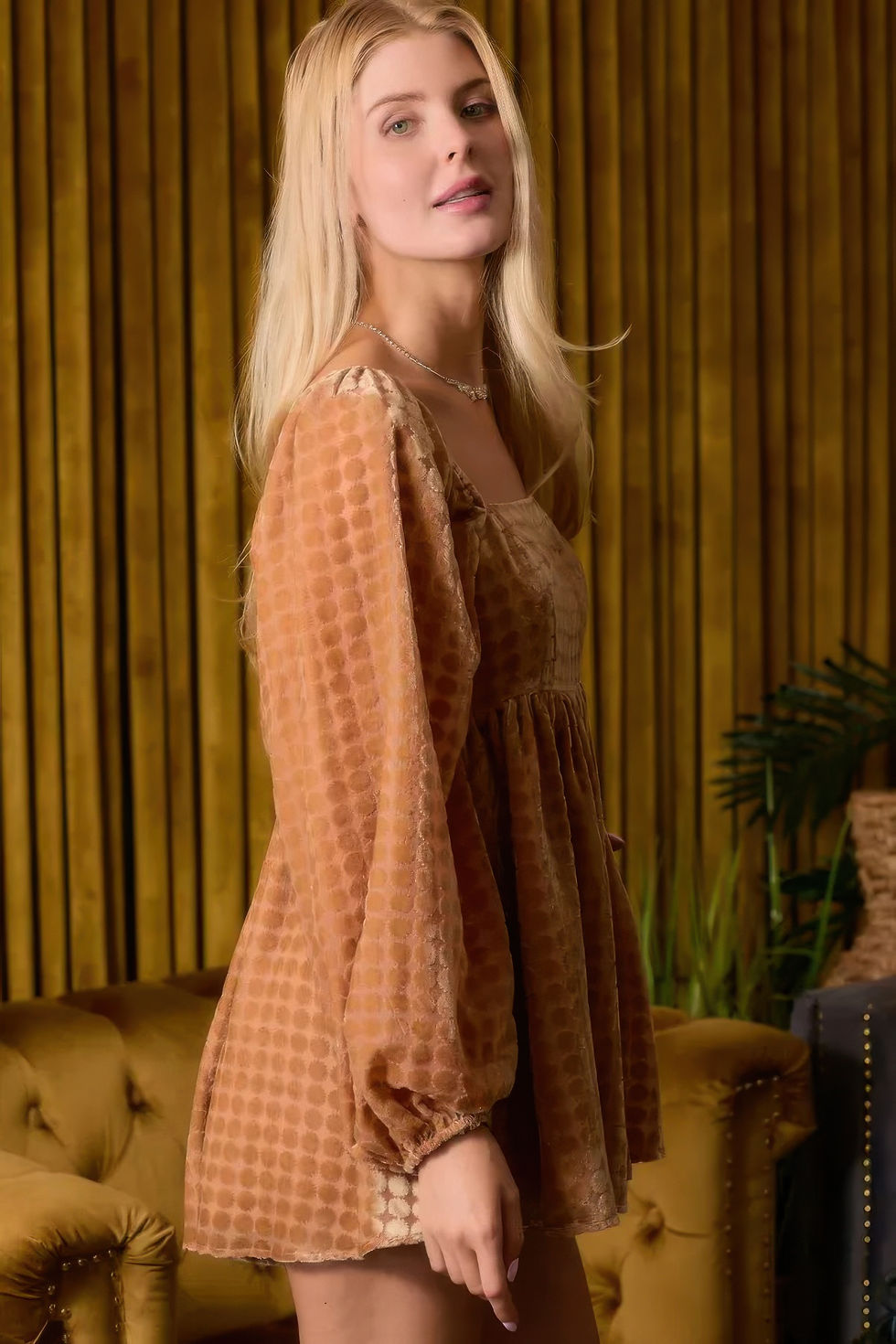 Thumbnail: Velvet Long Sleeve Square Neck Flowy Romper