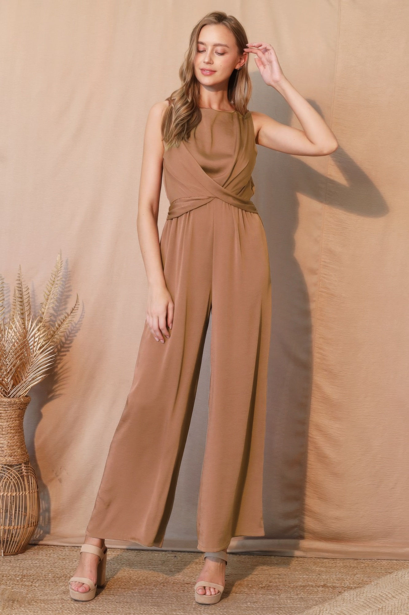 Washed Poly Silk Twist Front Jumpsuit        