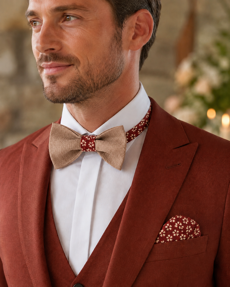 marié elegant avec costume terracotta qui porte noeud papillon jute et bordeaux