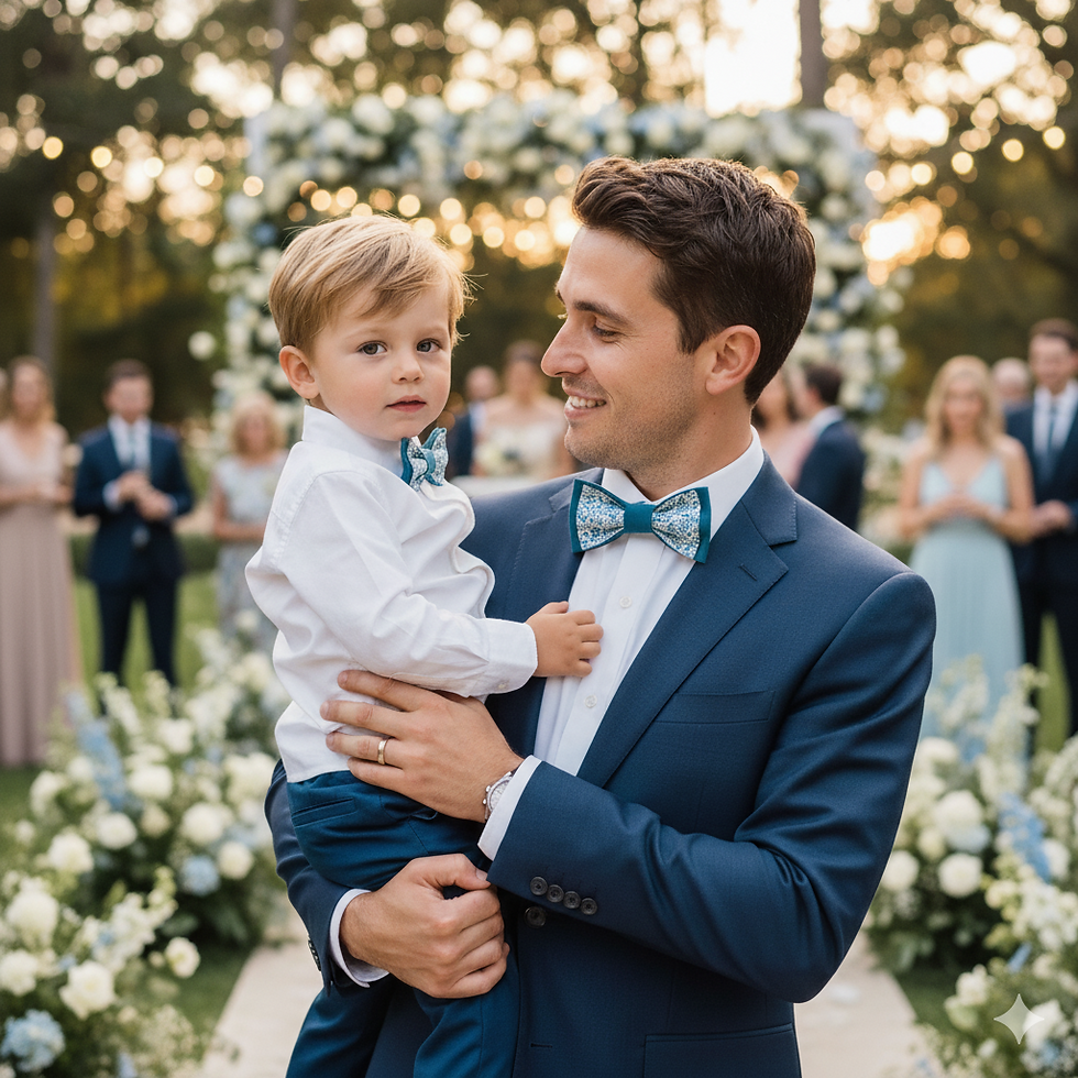 noeud papillon bleu avec petites fleurs tons bleu pour pere et fils assorti à une mariage avec costume bleu marine