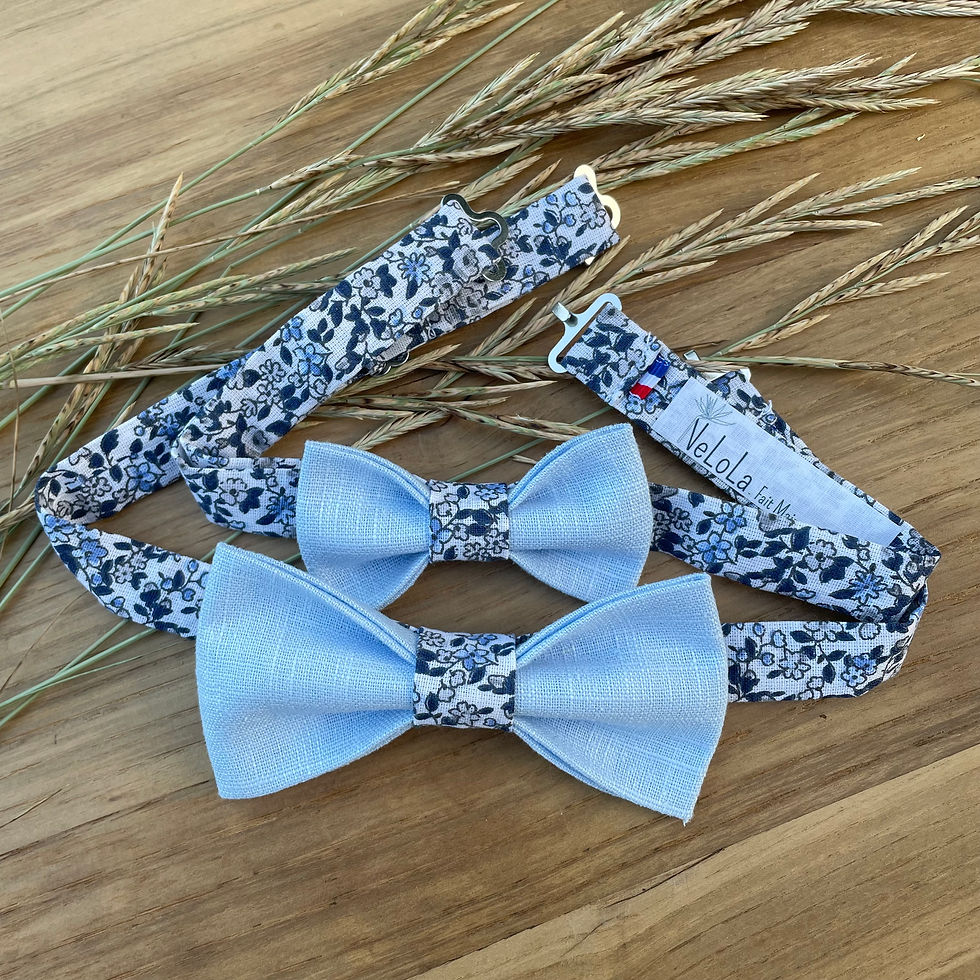 Miniature : Détail tissu nœud papillon bleu ciel et liberty bleu blanc – Fabriqué artisanalement en Provence