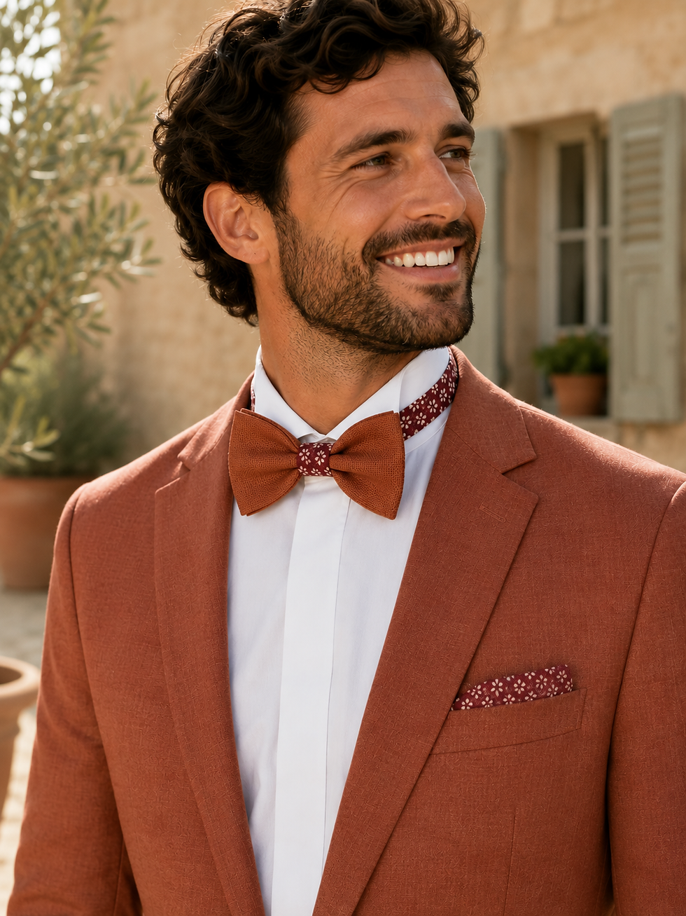 marié elegant qui porte noeud papillon cognac et costume terracotta