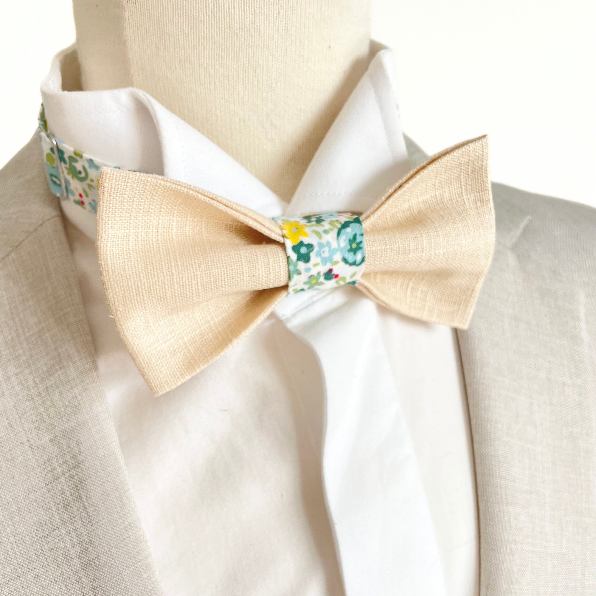 noeud papillon dolce vita beige, vert et fleurs jaunes printemps dolce vita