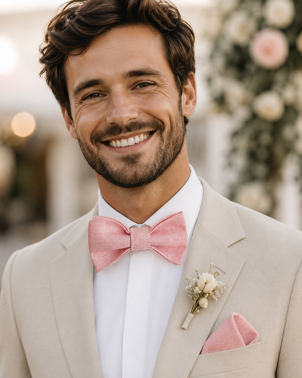 marié qui porte un noeud papillon rose avec cpstume beige